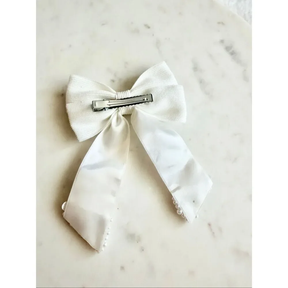 White Pearl Floral Ribbon Hair Bow Clip | Romantic Bridal Coquette